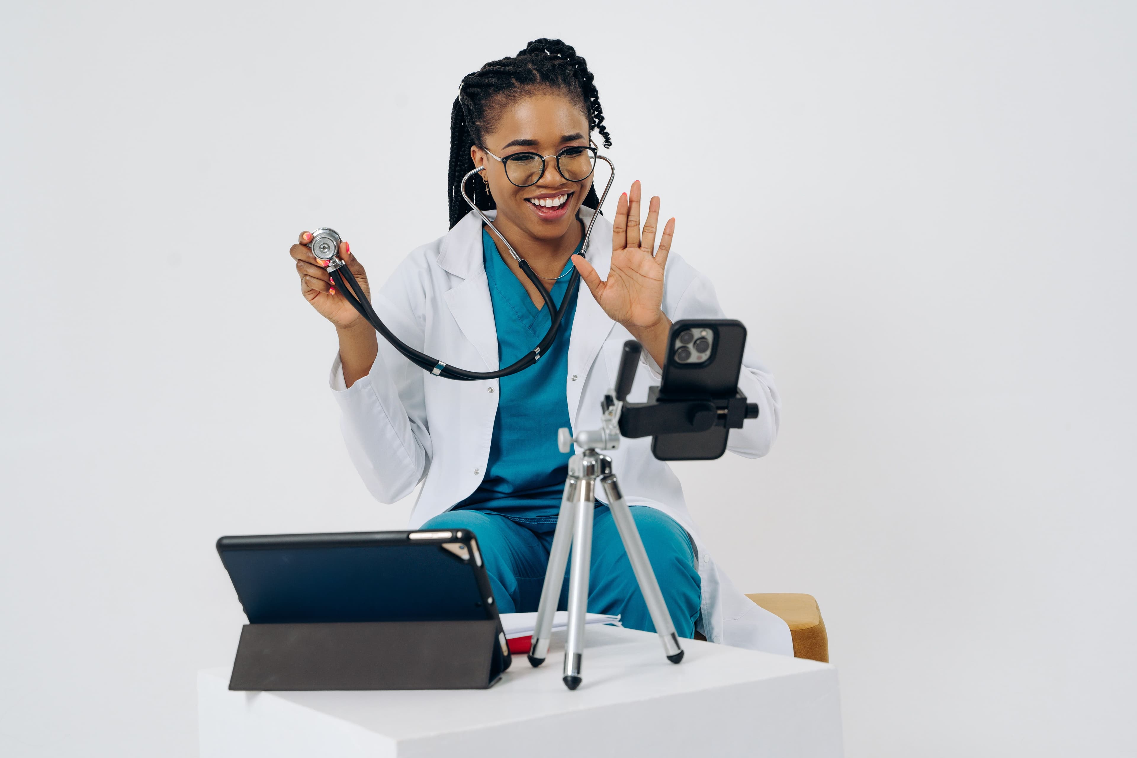 A doctor consulting a patient online during a video call